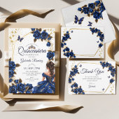 Navy Blue Golden Tiara Roses Quinceañera Backdrop タペストリー