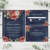 Red Roses Floral Photo QR Code Navy Blue Wedding セーブザデート (この独立クリエイターのコレクションをカスタマイズ。)