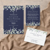 Greenery Floral Navy Blue Wedding Program ハンドファン (この独立クリエイターのコレクションをカスタマイズ。)