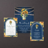 ネイビーブルーサンフラワーズメイソンジャーQRコー結婚ド 三つ折り招待状 (この独立クリエイターのコレクションをカスタマイズ。)