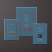 ネイビーレッド金ゴールド縁どフローラウェディング日付を保存 招待状 (この独立クリエイターのコレクションをカスタマイズ。)