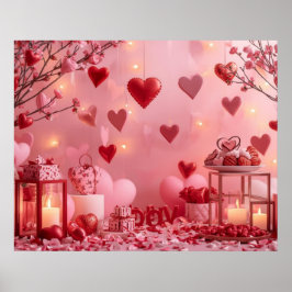Collection of Pink and Red Hearts on a Modern Wall ポスター
