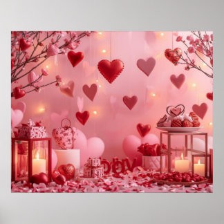 Collection of Pink and Red Hearts on a Modern Wall ポスター