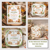 Oh Boy Watercolor Woodland Bear Baby Shower サンキューカード
