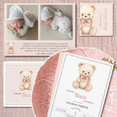 Our Little Bear Pink 3 Photo Birth Announcement 