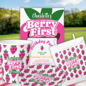 Bright Pink Strawberry Berry First Birthday 招待状