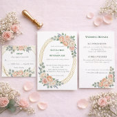 Elegant Peach Floral & Gold Lattice Oval Wedding 出欠カード