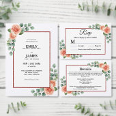 Peach Rose Watercolor Eucalyptus Border Save the  セーブザデート (この独立クリエイターのコレクションをカスタマイズ。)