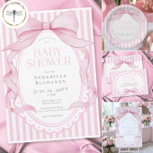 Pink Bow Girl Coquette Striped Baby Shower スクエアシール