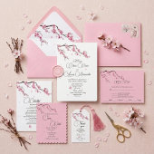 ピンクの水彩桜の花嫁衣装 ウェディング サンキューカード
