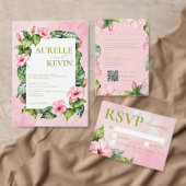 Pink Green Floral Summer Watercolor QRcode Wedding 招待状 (この独立クリエイターのコレクションをカスタマイズ。)