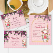 Pink Floral Stacked Teacups Bridal Shower Party スクエアペーパーコースター