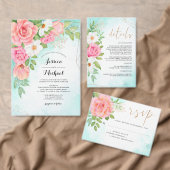 ピンクターコイズグラデーションフローラブーケ結婚バラ 招待状 (この独立クリエイターのコレクションをカスタマイズ。)