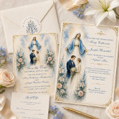アイボリー・ブルーのカリグラフィー体結婚式RSVPカード 出欠カード