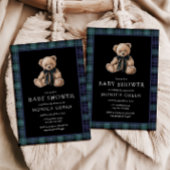 Ralph Teddy Bear Navy Green Plaid Baby Shower 招待状