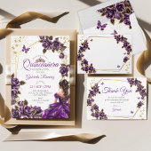 Purple Golden Tiara Roses Butterfly Quinceañera 招待状