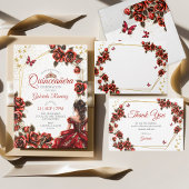Red Golden Tiara Roses Quinceañera Program