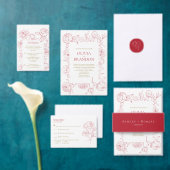 赤エレガント牡丹フローラ縁どラ結婚ート 招待状 (この独立クリエイターのコレクションをカスタマイズ。)