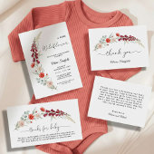 Boho Baby Shower Invitation red floral watercolor 招待状