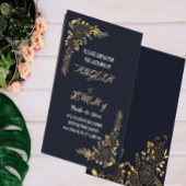 ロマンチックなゴールドの花柄 ネイビーブルー  結婚式のご案内 案内ポストカード