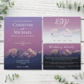 ロマンチックな紫の夕日の雪の結婚山々 セーブザデート (この独立クリエイターのコレクションをカスタマイズ。)