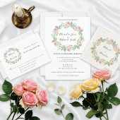 Romantic Pink Rose Wreath Wedding Paper Plates 縁ありカクテルナプキン