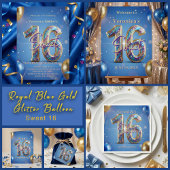 Glam Royal Blue Gold Balloons Sweet 16 Birthday 招待状