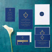 モノグラム王室のブルーフェイクゴールドフォイル結婚クレスト メニュー (この独立クリエイターのコレクションをカスタマイズ。)