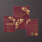 Gold Leaves on Burgundy Photo & Calendar Wedding セーブザデート (この独立クリエイターのコレクションをカスタマイズ。)