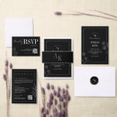 フラワーラインアートの風情ある黒のエレガントな結婚式RSVP エンクロージャーカード (この独立クリエイターのコレクションをカスタマイズ。)