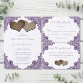 Elegant Purple Floral Lace Burlap Hearts Wedding 招待状 (この独立クリエイターのコレクションをカスタマイズ。)