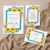 ひまわり素朴ティール（緑がかった色）バラ結婚式の日付を保存 案内ポストカード (この独立クリエイターのコレクションをカスタマイズ。)