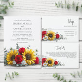 Rustic Sunflower and Red Rose Floral Wedding 招待状 (この独立クリエイターのコレクションをカスタマイズ。)