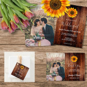 水色ひまわり素朴な木の田舎の結婚式 招待状