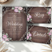Rustic Pink Floral Wood & String Lights Wedding 招待状