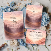Rustic Woodland Mountain Scene Wedding 招待状