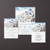 Watercolor Santorini Greece Wedding 出欠カード (この独立クリエイターのコレクションをカスタマイズ。)