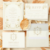 Sepia floral crest monogram QR code wedding 出欠カード