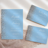 Baby Blue Silver Glitter Photo QR Code Wedding 招待状