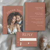 シンプルTerracotta Monogramの結婚写真ありがとう サンキューカード