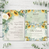 ひまわり素朴ユーカリプトゥスホワイトローズ婚約 招待状 (この独立クリエイターのコレクションをカスタマイズ。)