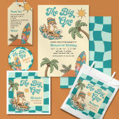 The Big One Surfer Cat Checkered 1st Birthday 招待状