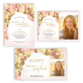 バルーンアーチピンクと金ゴールド甘い16ありがとう フェイバータグ