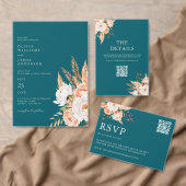 ダークエレガントティール(緑がかった色)ボホシック秋フローラ結婚ズ 招待状 (この独立クリエイターのコレクションをカスタマイズ。)