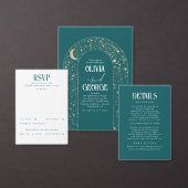 天月と星のティール(緑がかった色)ブライダルシャワー 招待状 (この独立クリエイターのコレクションをカスタマイズ。)