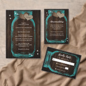 ティール(緑がかった色)メイスンジャールストリングライツ素朴ウッド結婚ズ 案内ポストカード (この独立クリエイターのコレクションをカスタマイズ。)