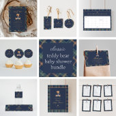 Teddy Bear Navy Tartan Plaid Classic Baby Shower 招待状