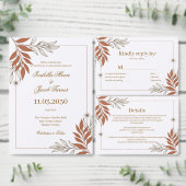 焼けたオレンジ色のボタニカルラインアートの結婚式 招待状 (この独立クリエイターのコレクションをカスタマイズ。)