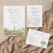 Watercolor Stone Chapel Fall Wedding Invitation 招待状 (この独立クリエイターのコレクションをカスタマイズ。)