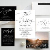 シンプルエレガント黒オンホワイト結婚ズ オールインワン招待状